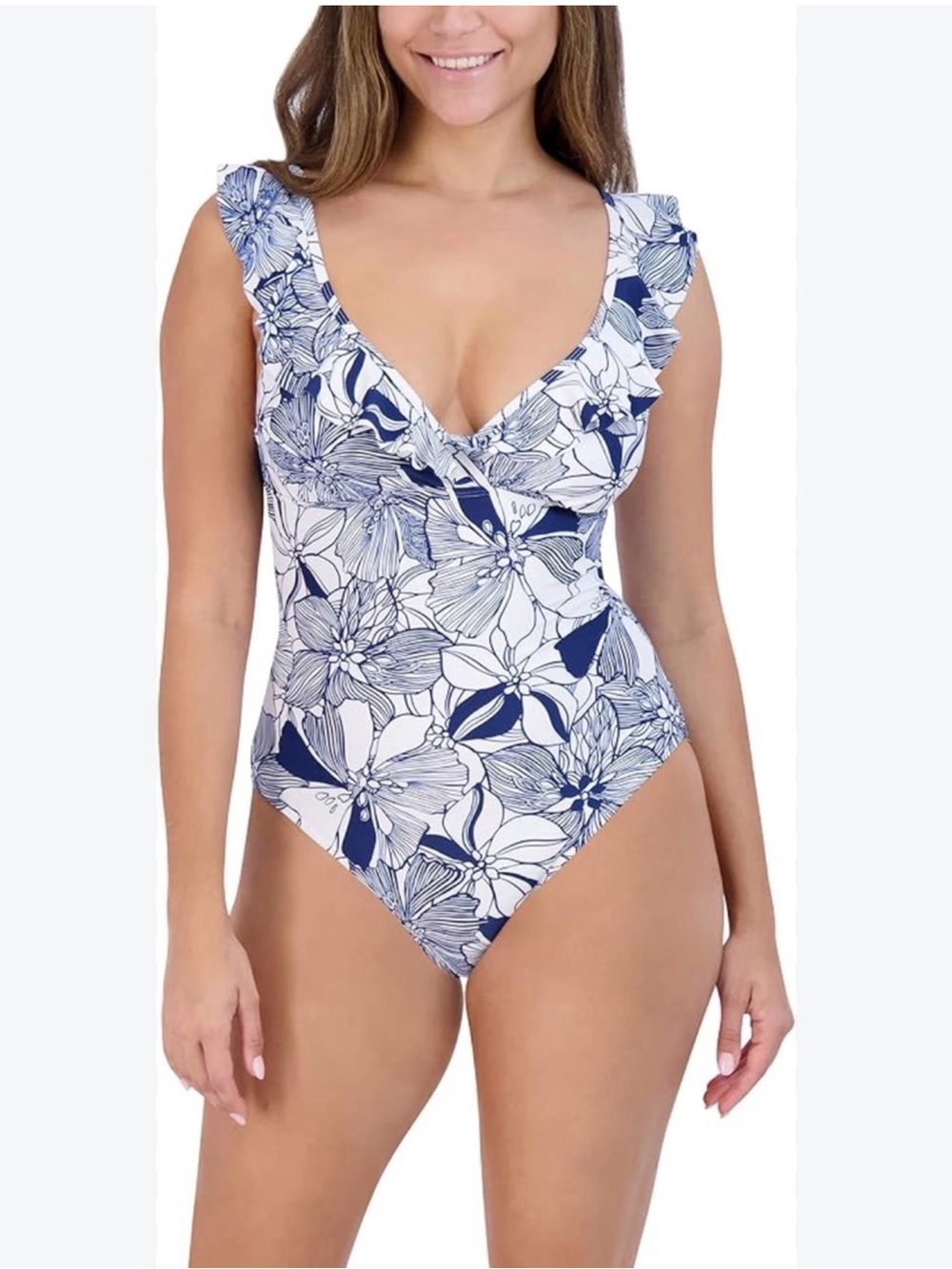 Stella Parker Floral One-Piece Swimsuit Navy & White w/ Ruffled Neckline Size L